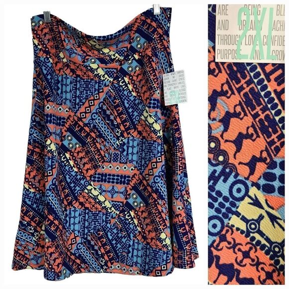 LuLaRoe NWT 2XL Azure Swing Skirt Navy Tribal Camel Jacquard Stretch Aztec Print - Picture 1 of 9